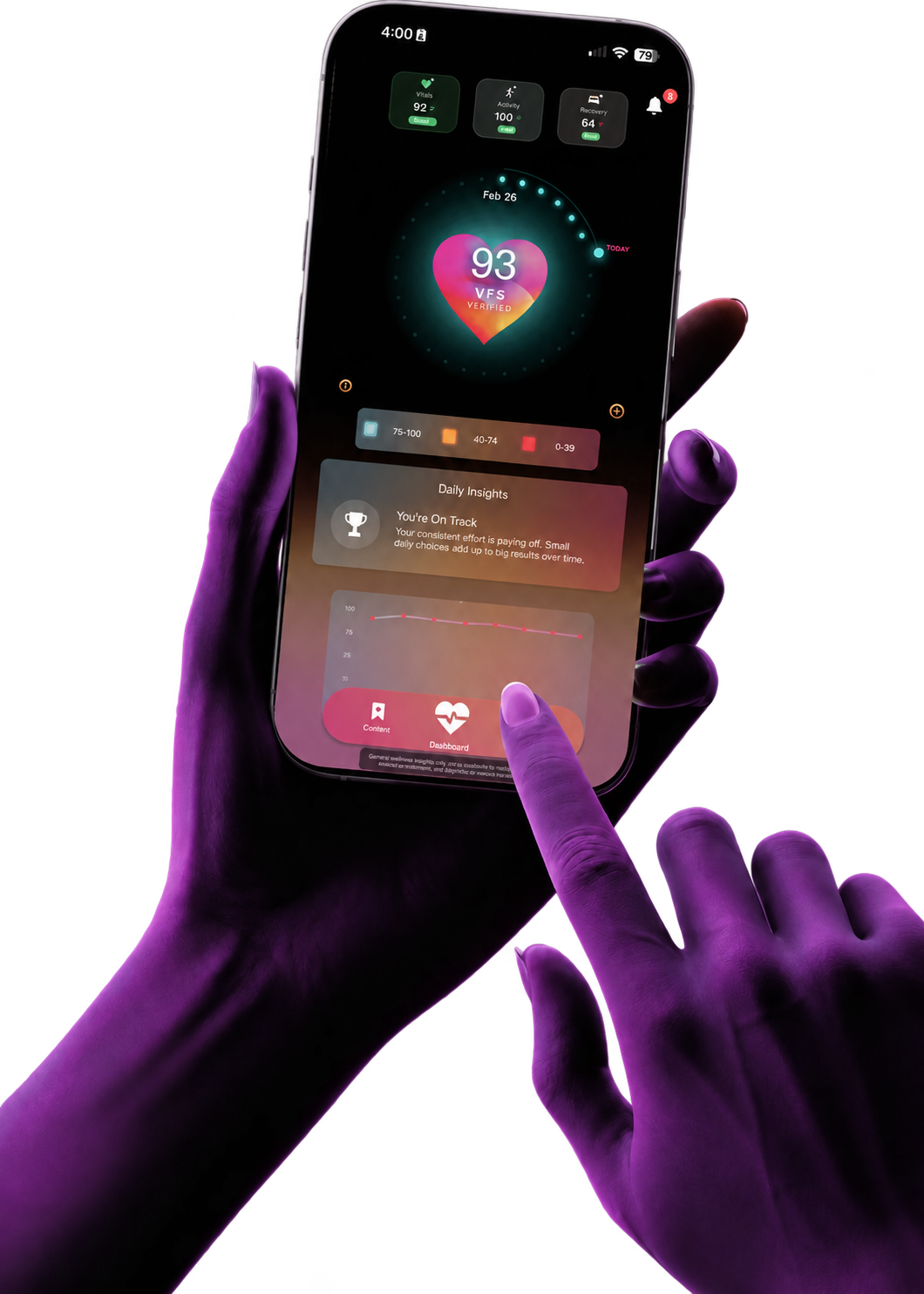 VascVita wellness app displayed on a phone held in purple-lit hands